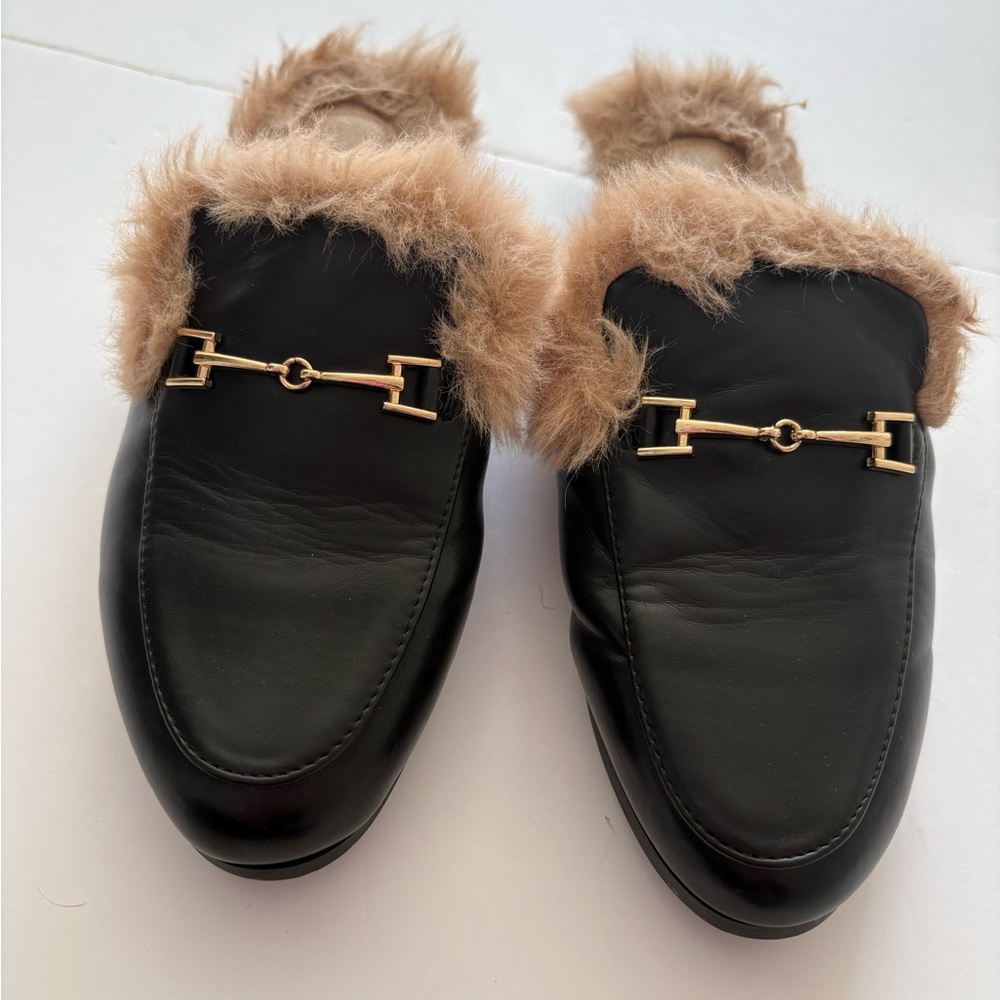 Dream Paris Black Fur-Lined Mules with Gold Buckle 6.5